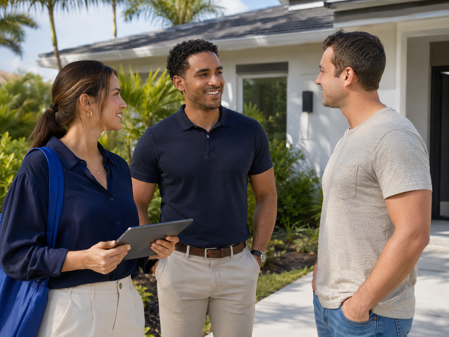 Representatives having a friendly conversation with a homeowner