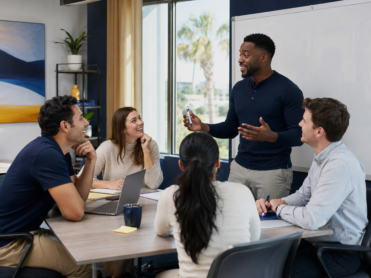 A small group taking part in an energetic professional coaching session
